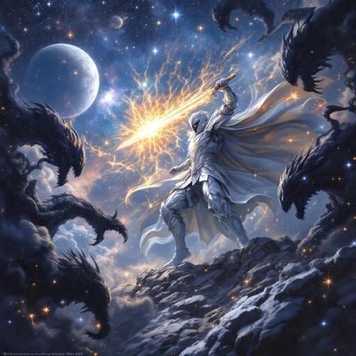 The primary subject of the image is a man dressed in white armor, holding a sword and standing on a rocky surface. The setting is a night sky with a moon visible in the background. The visual style is a digital art illustration, creating a dramatic and captivating scene. The colors and mood are predominantly dark, with the man in white standing out against the night sky and the rocky surface.